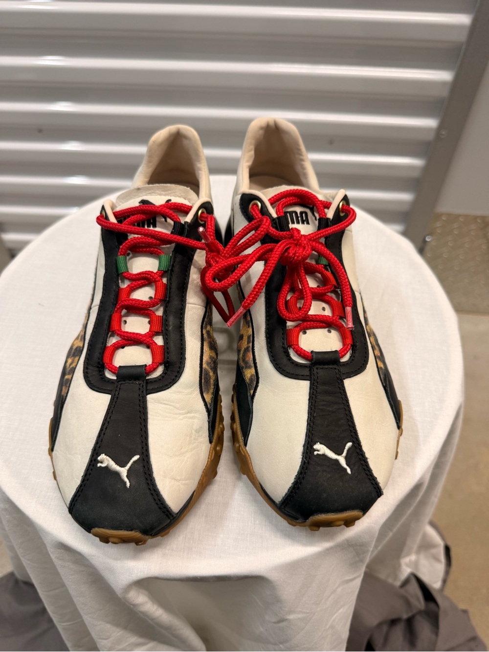 Puma Cream, Black & Red Athletic Sneakers with Leopard Accent